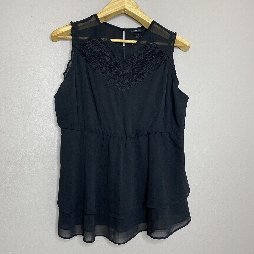 Torrid Women's Lace Inset Sleeveless Ruffles Peplum Babydoll Black Top SZ 1 Plus